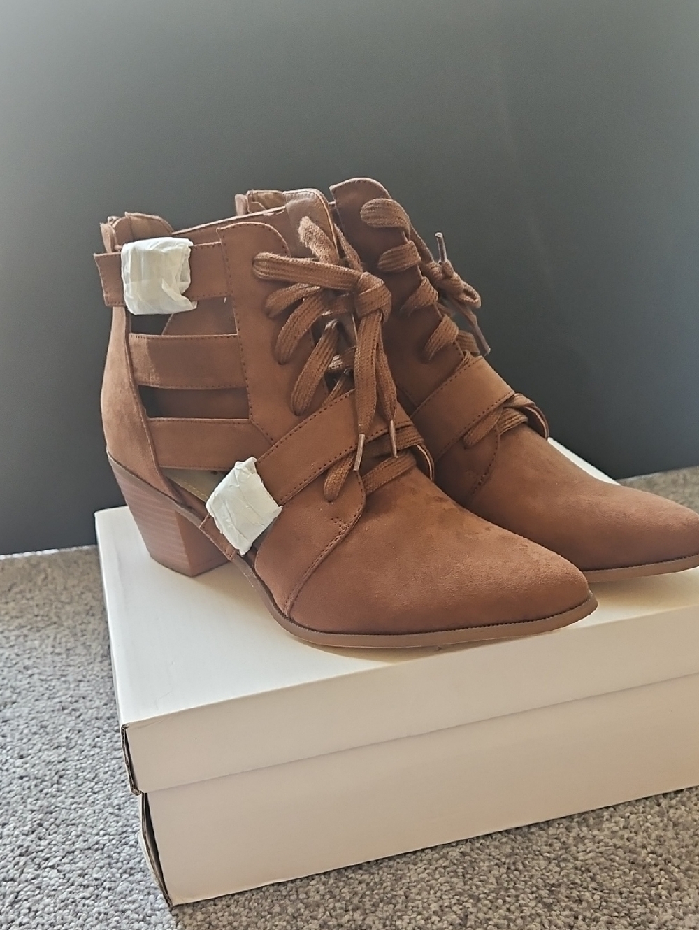 JustFab Brown Suede Lace-Up Cutout Ankle Booties